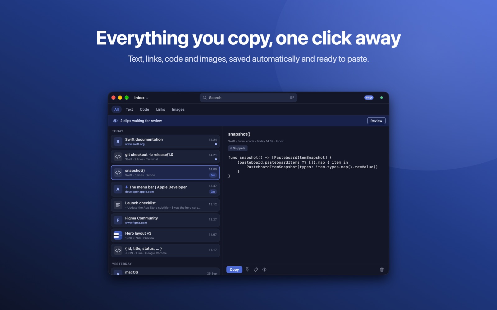 The Paste Ninja window with clips and a code preview
