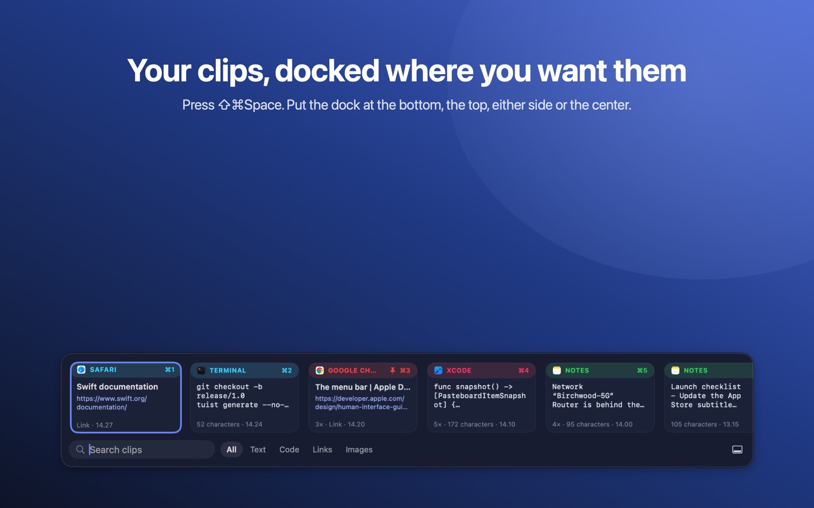 The clip dock at the bottom of the screen
