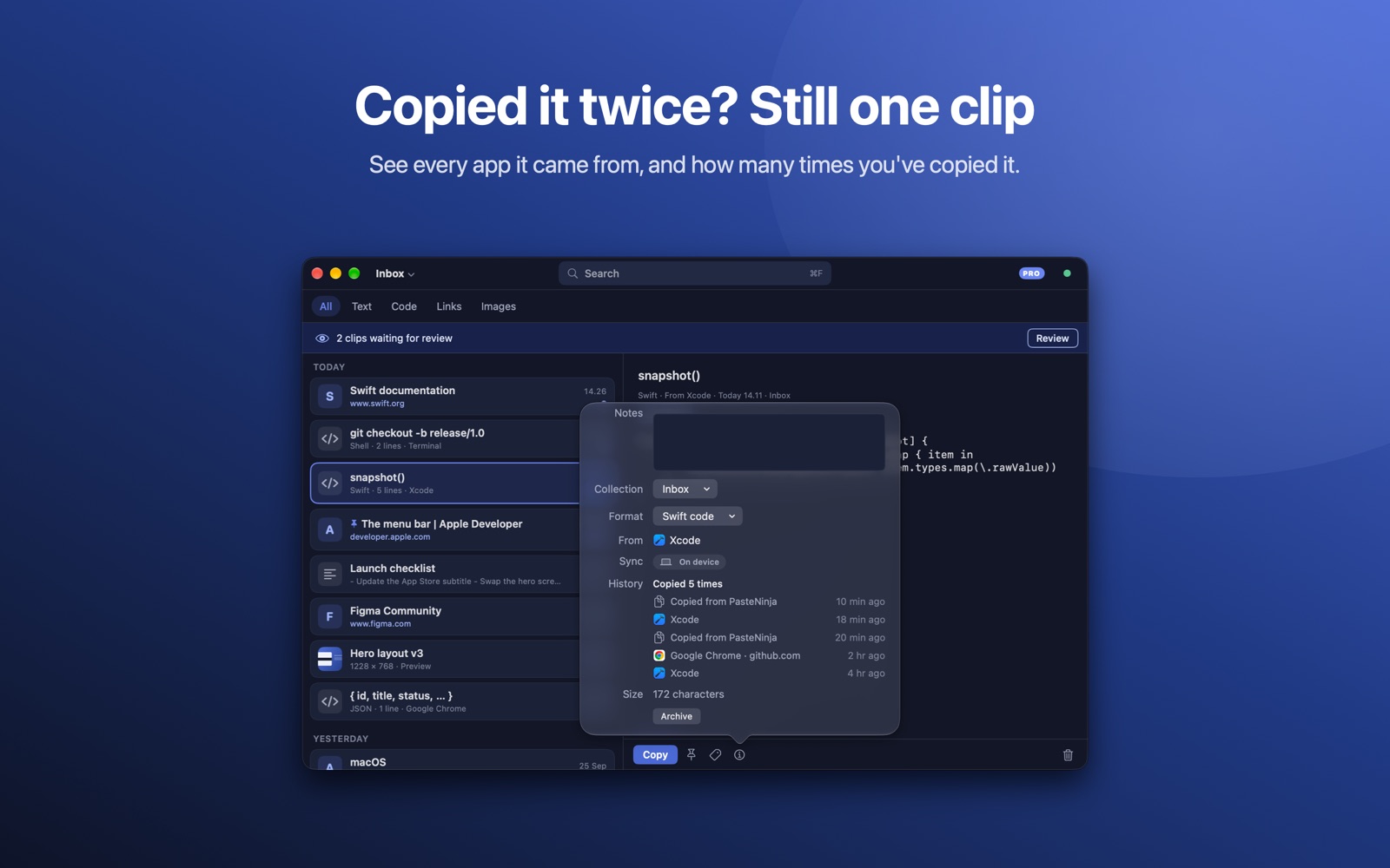 A clip's copy history